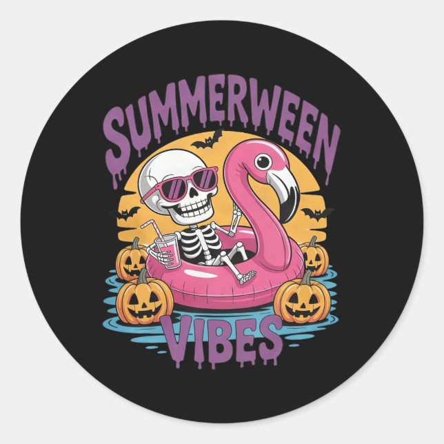 Summerween Vibes Skeleton Flamingo Spooky Hallowee Classic Round Sticker (Front)