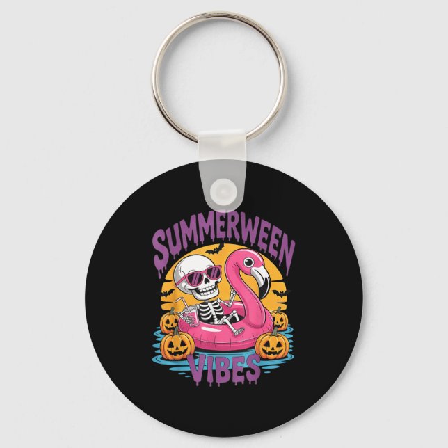 Summerween Vibes Skeleton Flamingo Spooky Hallowee Keychain (Front)