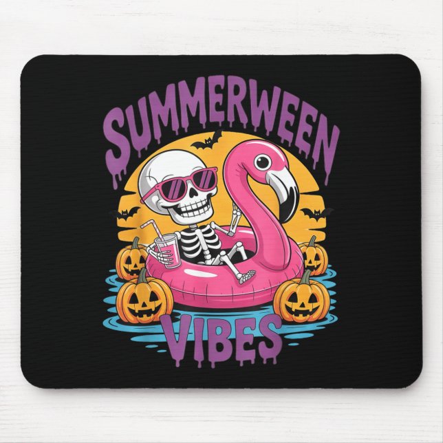 Summerween Vibes Skeleton Flamingo Spooky Hallowee Mouse Pad (Front)