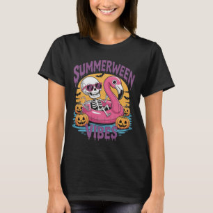 Summerween Vibes Skeleton Flamingo Spooky Hallowee T-Shirt