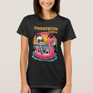 Summerween Vibes Skeleton Flamingo Spooky Hallowee T-Shirt