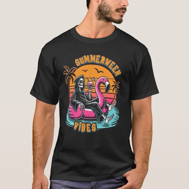 Summerween Vibes Skeleton Flamingo Spooky Hallowee T-Shirt (Front)