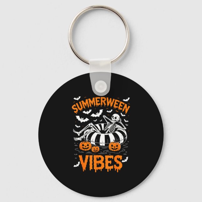 Summerween vibes skeleton floating pool pumpkin keychain (Front)