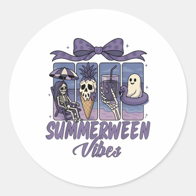 Summerween Vibes Skeleton Ghost Beach Party Hallow Classic Round Sticker (Front)