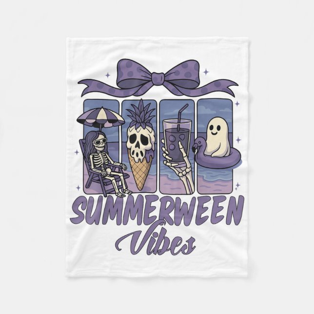 Summerween Vibes Skeleton Ghost Beach Party Hallow Fleece Blanket (Front)