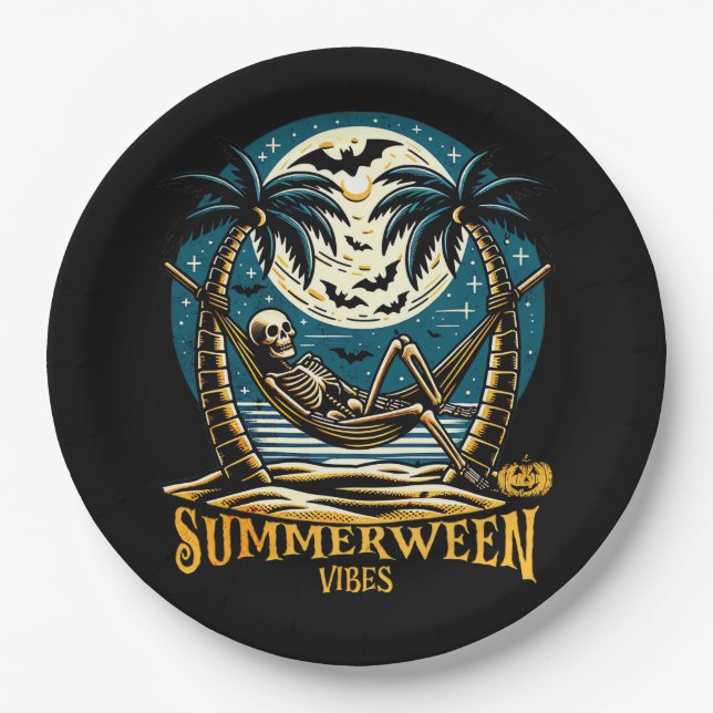 Summerween Vibes Skeleton Pumpkin Skeleton Summer  Paper Plate (Front)