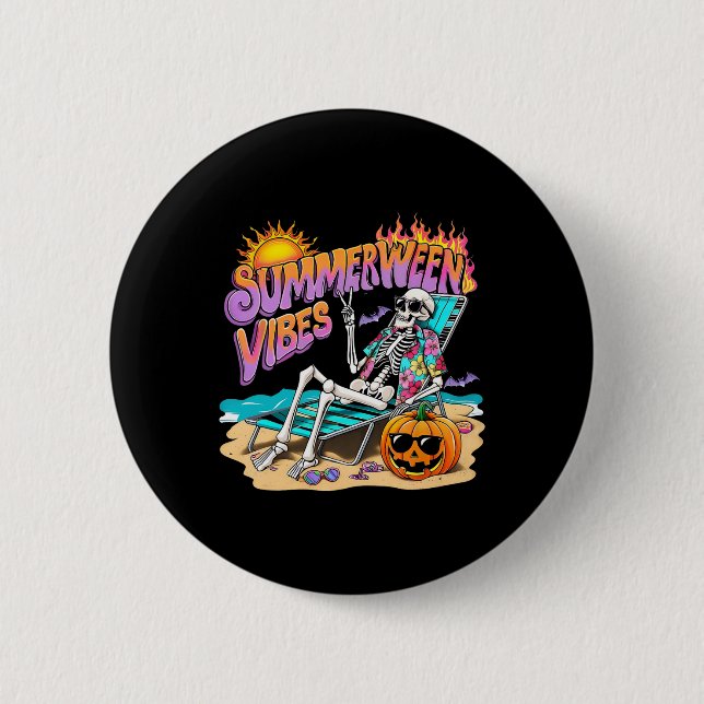 Summerween Vibes Skeleton Pumpkin Spooky Vacation  2 Inch Round Button (Front)