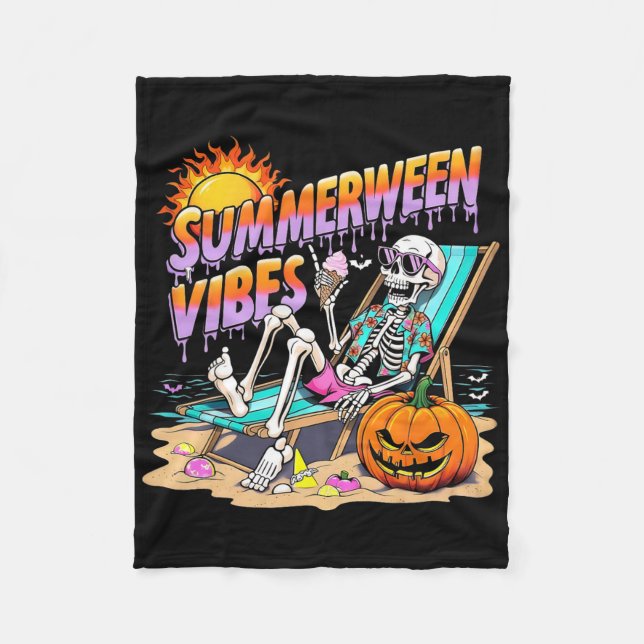 Summerween Vibes Skeleton Pumpkin Spooky Vacation  Fleece Blanket (Front)