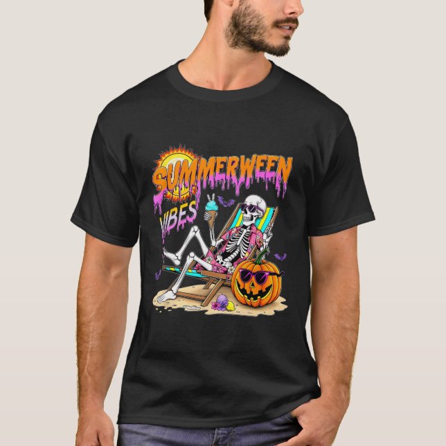 Summerween Vibes Skeleton Pumpkin Spooky Vacation  T-Shirt (Front)
