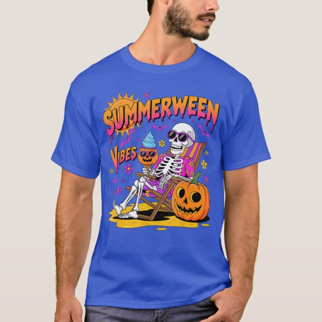 Summerween Vibes Skeleton Pumpkin Spooky Vacation  T-Shirt (Front)
