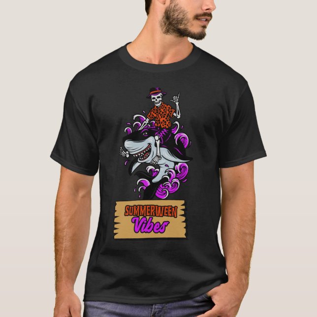 Summerween Vibes Skeleton Riding a Shark T-Shirt (Front)