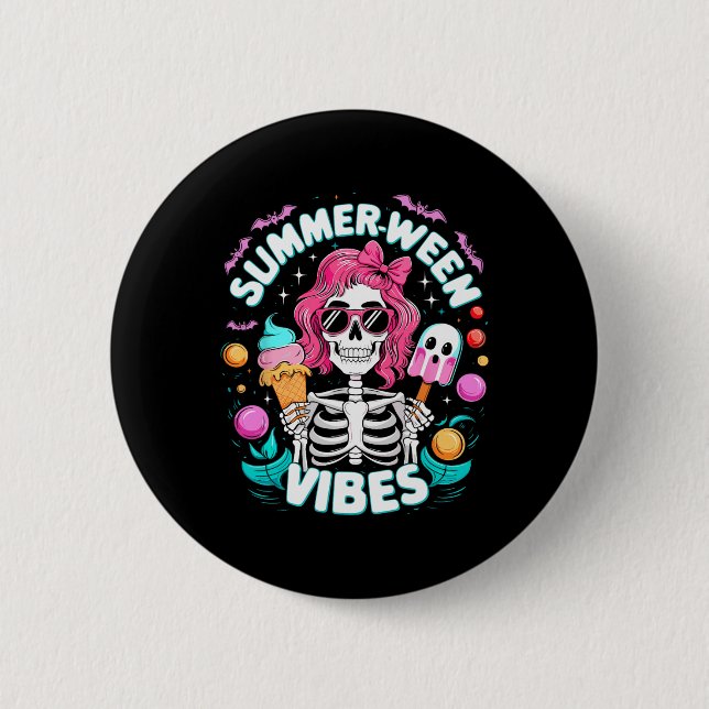 Summerween Vibes Skeleton Spooky Vacation Hallowee 2 Inch Round Button (Front)
