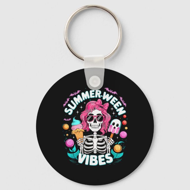Summerween Vibes Skeleton Spooky Vacation Hallowee Keychain (Front)