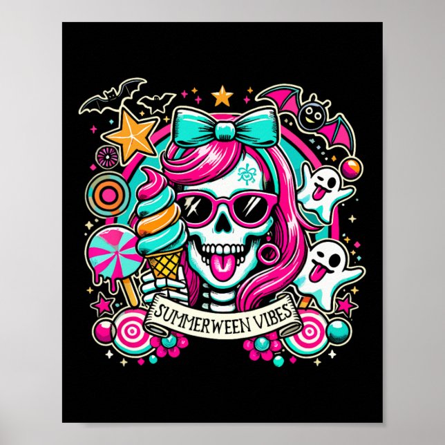 Summerween Vibes Skeleton Spooky Vacation Hallowee Poster (Front)