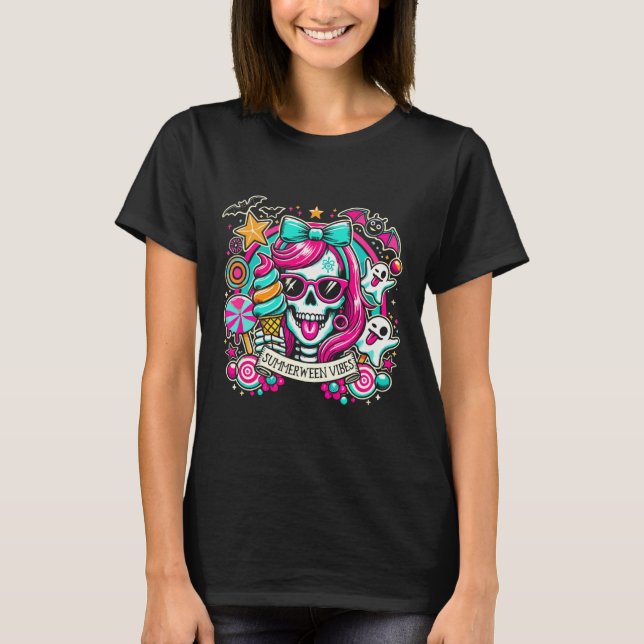 Summerween Vibes Skeleton Spooky Vacation Hallowee T-Shirt (Front)