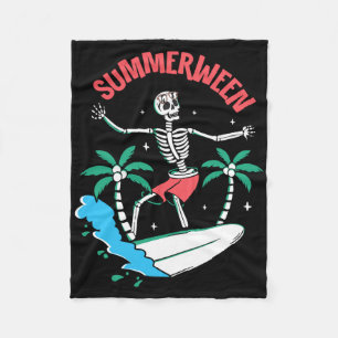 Summerween Vibes Skeleton Surfing Waves Summer Hal Fleece Blanket