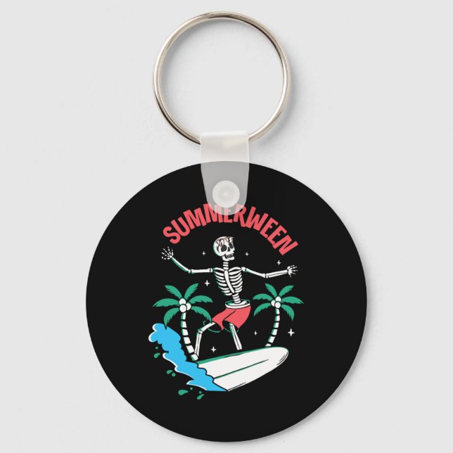 Summerween Vibes Skeleton Surfing Waves Summer Hal Keychain (Front)