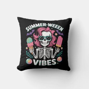 Summerween Vibes Skeleton Vacation Halloween Summe Throw Pillow