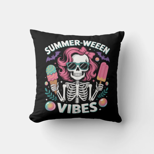 Summerween Vibes Skeleton Vacation Halloween Summe Throw Pillow (Front)