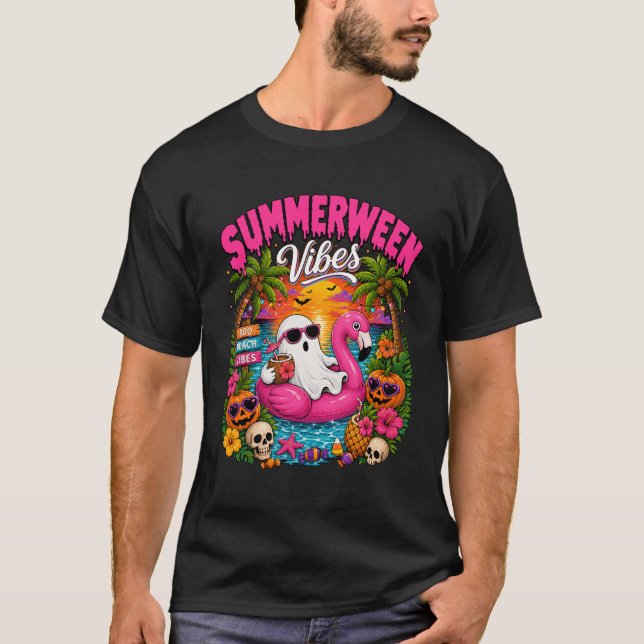 Summerween Vibes Spooky Ghost Beach Summer Hallowe T-Shirt (Front)