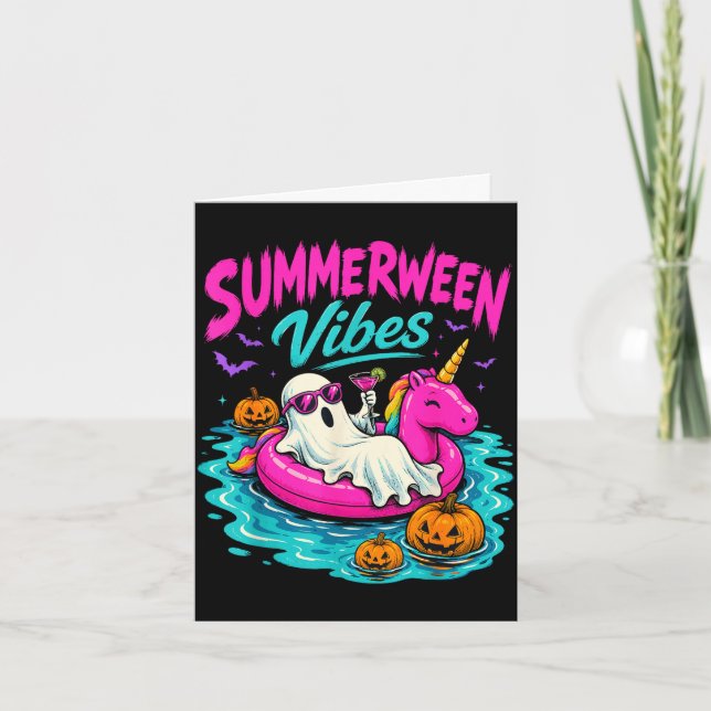 Summerween vibes spooky ghost unicorn beach card (Front)