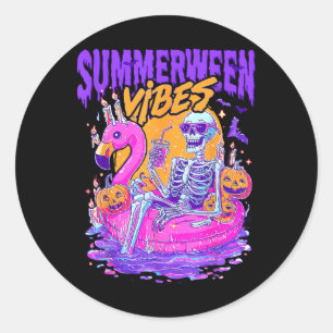 Summerween Vibes Spooky Skeleton Flamingo Pool Hal Classic Round Sticker