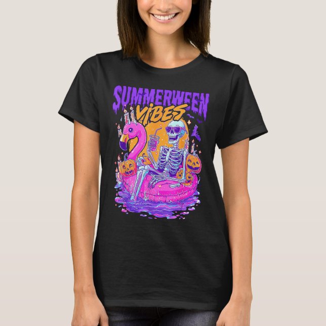 Summerween Vibes Spooky Skeleton Flamingo Pool Hal T-Shirt (Front)