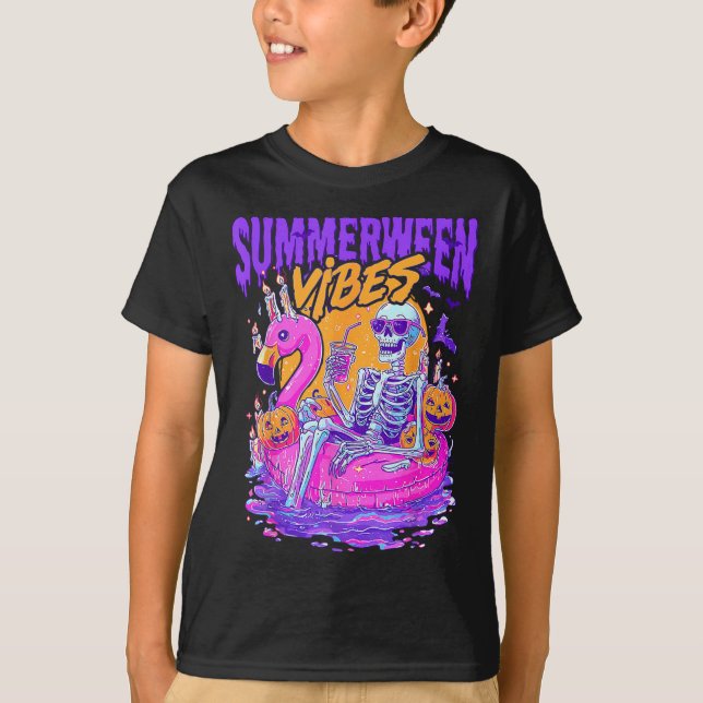 Summerween Vibes Spooky Skeleton Flamingo Pool Hal T-Shirt (Front)