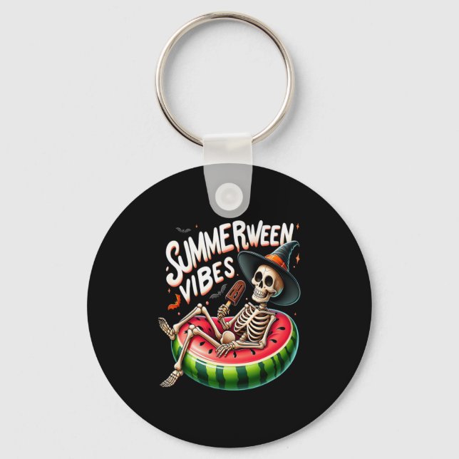 Summerween Vibes Spooky Skeleton Halloween Beach W Keychain (Front)