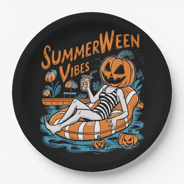Summerween Vibes Spooky Summer Pumpkin Cute Paper Plate (Front)
