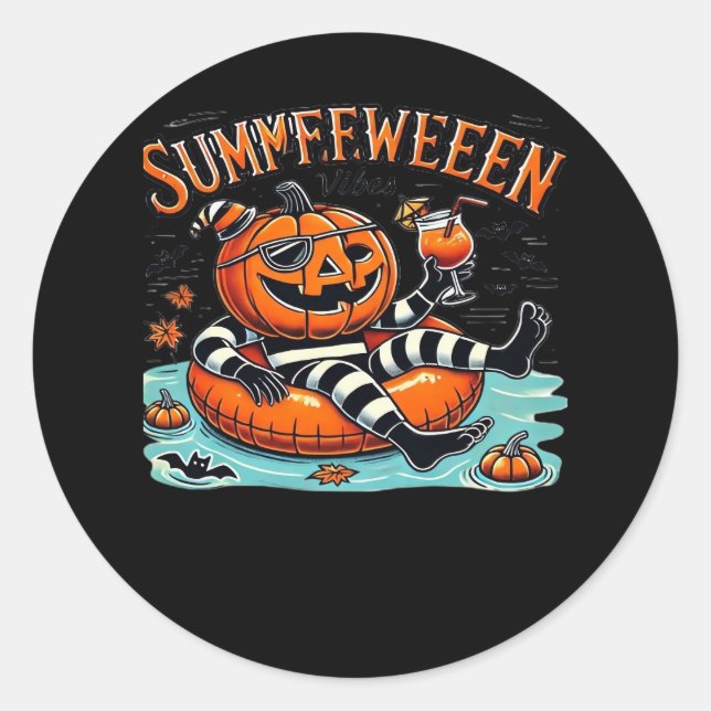 Summerween Vibes Spooky Summer Pumpkin Oversized Classic Round Sticker (Front)