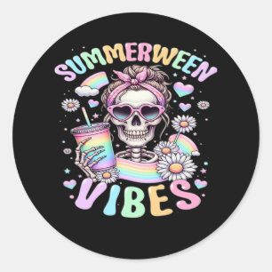 Summerween Vibes Sweet Skeleton Girl Summer Hallow Classic Round Sticker