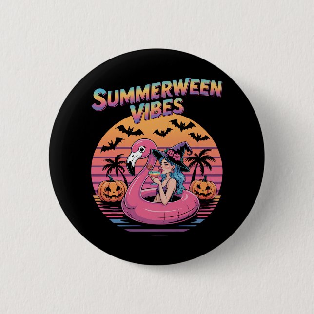 Summerween Vibes Witch Flamingo 2 Inch Round Button (Front)