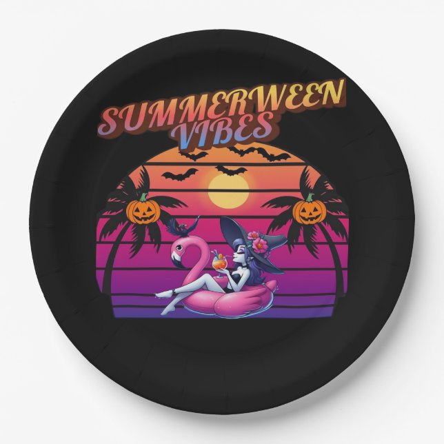 Summerween Vibes Witch Flamingo Float, Witch Summe Paper Plate (Front)