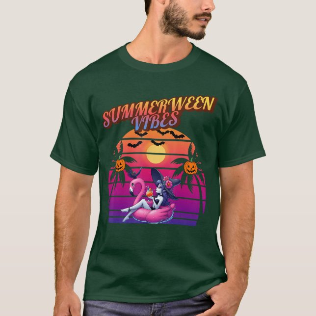 Summerween Vibes Witch Flamingo Float Witch Summer T-Shirt (Front)