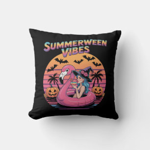Summerween Vibes Witch Flamingo Throw Pillow