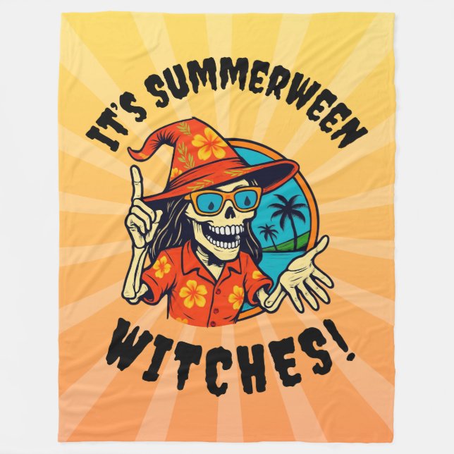Summerween Witch Skeleton in Tropical Witch Hat  Fleece Blanket (Front)