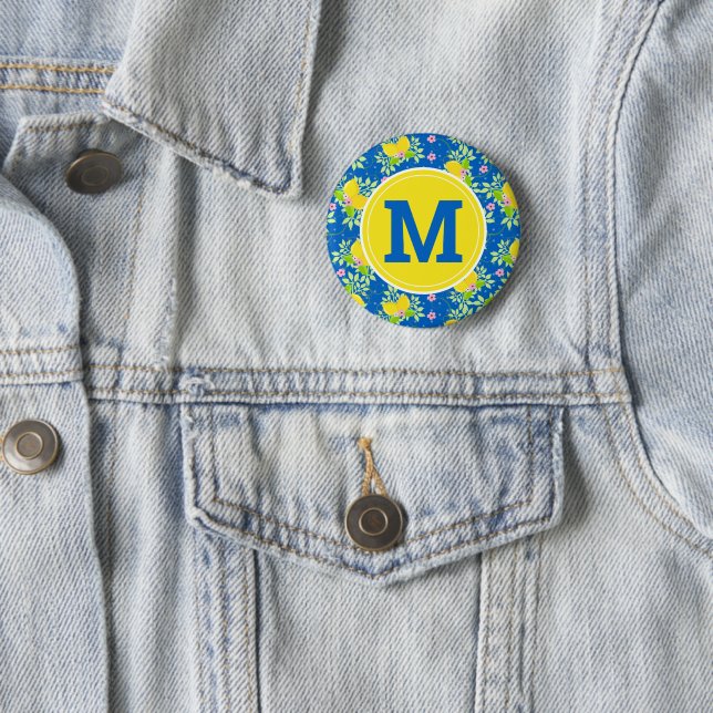 Summery Blue and Yellow Lemons Floral 2 Inch Round Button (In Situ)
