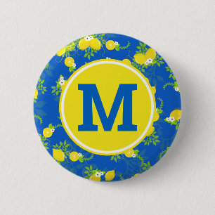 Summery Blue and Yellow Lemons Floral Pattern 2 Inch Round Button
