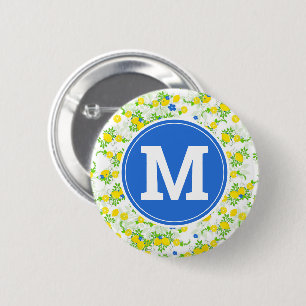 Summery Blue and Yellow Lemons Floral Pattern 2 Inch Round Button
