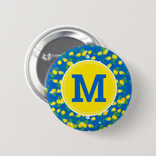 Summery Blue and Yellow Lemons Floral Pattern 2 Inch Round Button