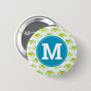 Summery Blue and Yellow Lemons Floral Pattern 2 Inch Round Button