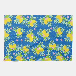 Summery Blue and Yellow Lemons Floral Pattern Kitchen Towel