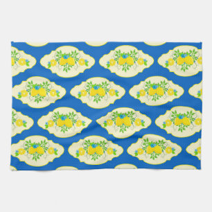 Summery Blue and Yellow Lemons Floral Pattern Kitchen Towel