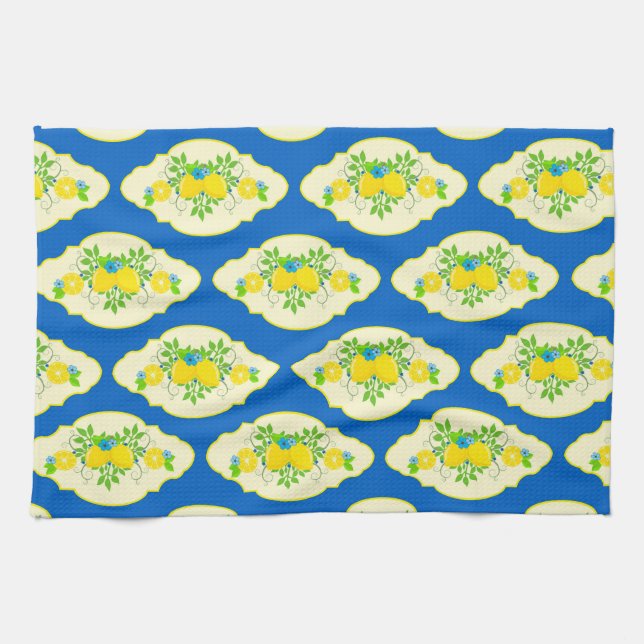 Summery Blue and Yellow Lemons Floral Pattern Kitchen Towel (Horizontal)