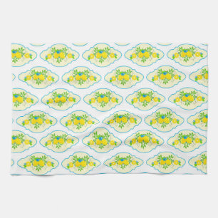 Summery Blue and Yellow Lemons Floral Pattern Kitchen Towel