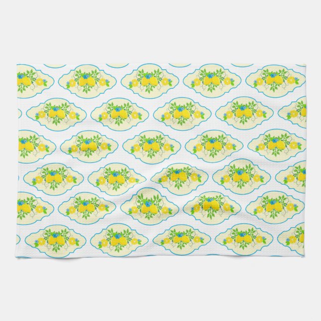 Summery Blue and Yellow Lemons Floral Pattern Kitchen Towel (Horizontal)