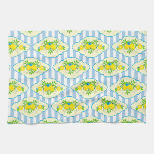 Summery Blue and Yellow Lemons Floral Pattern Kitchen Towel