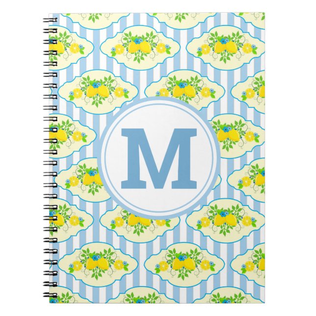 Summery Blue and Yellow Lemons Floral Pattern Notebook (Front)