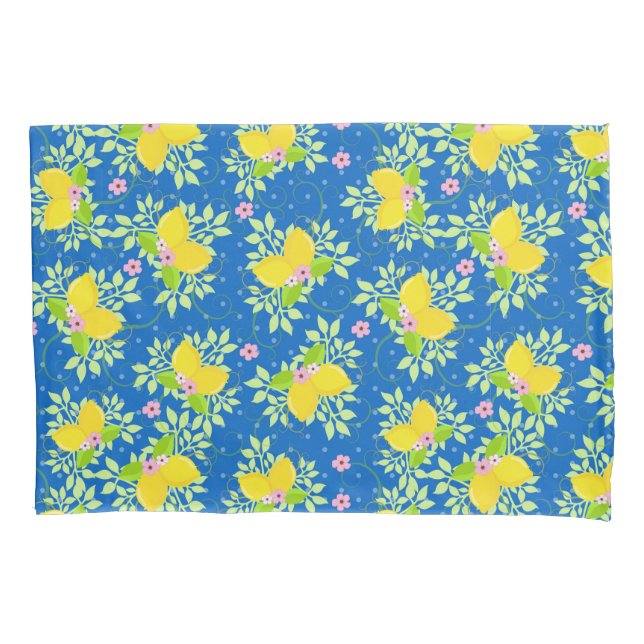 Summery Blue and Yellow Lemons Floral Pattern Pillowcase (Front)